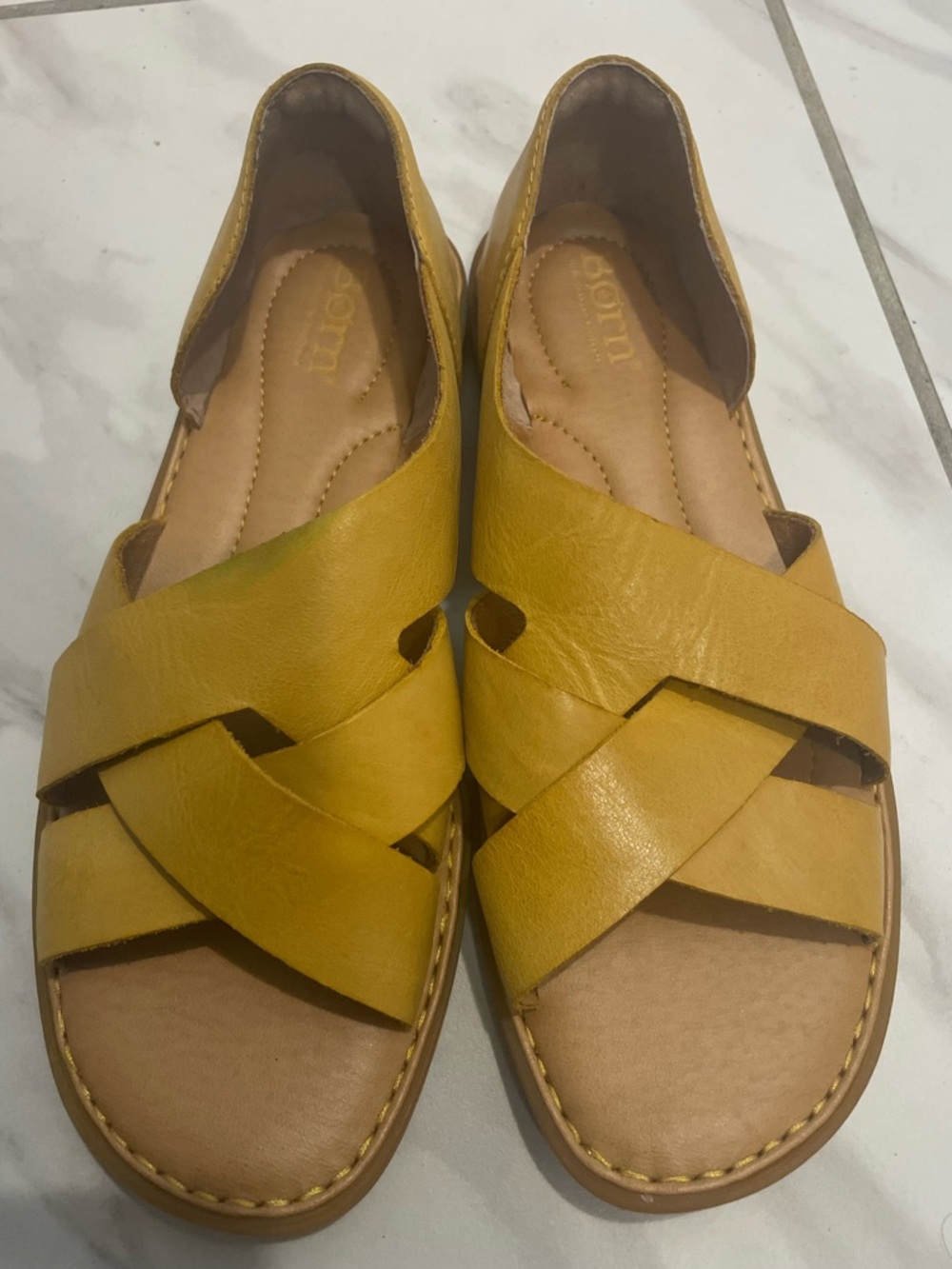 Born Yellow Leather Woven Slip-On Sandals Summer Vacation Resortwear